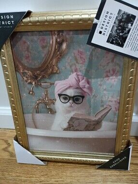Louie Vuitton District Gold Framed Cat Art with Pink Towel and Black Glasses